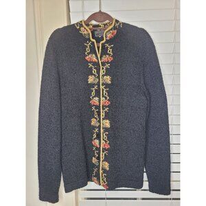 Womens VTG Hand Loomed Floral Cardigan Sweater Black & Multicolor M South Cotton